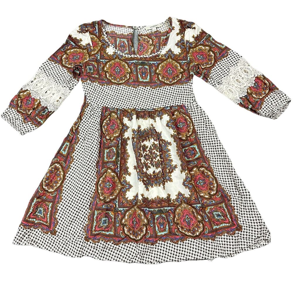 Umgee Paisley Houndstooth Mini Dress Womens Small Multicolor Boho Lace